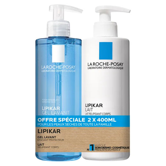 La Roche-Posay LIPIKAR - Lait Relipidant Corps + Gel Douche Lavant Apaisant, Peaux Sèches, 2x400 ml