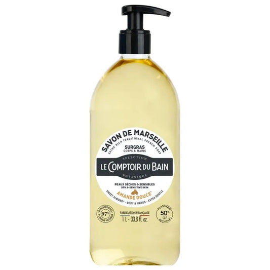 Le comptoir du bain Savon de Marseille Surgras Amande Douce - Corps et Mains - Peaux Sèches et Sensibles, 1L