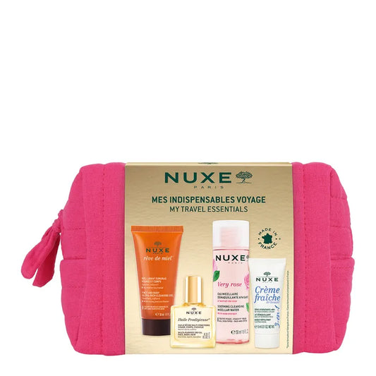 Nuxe TROUSSE - Mes Indispensables Voyage - Gel lavant surgras Rêve de Miel 30ml + Huile Prodigieuse 10ml + Eau Micellaire Démaquillante Apaisante Very Rose 50ml + Crème Fraîche de Beauté 3-en-1 15ml