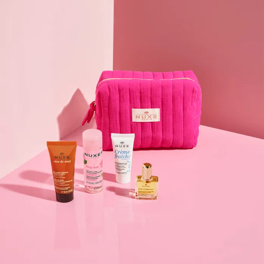 Nuxe TROUSSE - Mes Indispensables Voyage - Gel lavant surgras Rêve de Miel 30ml + Huile Prodigieuse 10ml + Eau Micellaire Démaquillante Apaisante Very Rose 50ml + Crème Fraîche de Beauté 3-en-1 15ml