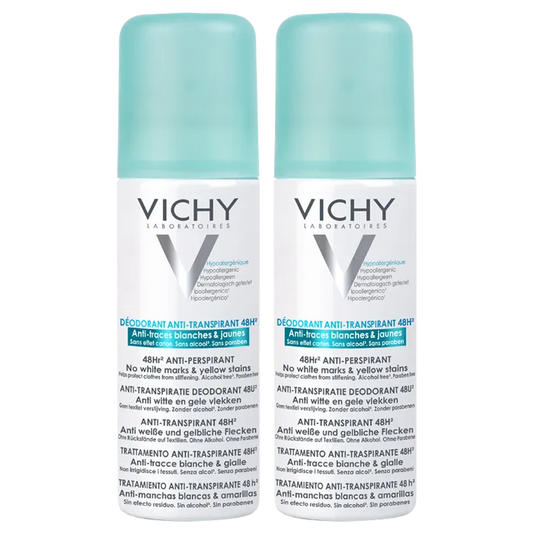 Vichy Déodorant Anti-transpirant 48h Anti-traces Blanches et Jaunes, 2x125ml
